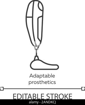 Adaptable prosthetics linear icon. Missing body part replacing. Artificial limb. Bionic foot. Bioengineering. Thin line illustration. Contour symbol. Stock Vector