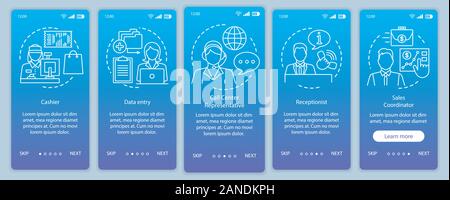 Finding part time jobs blue onboarding mobile app page screen vector template. Receptionist, online sales. Walkthrough website steps with linear illus Stock Vector