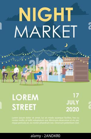 Night market brochure template. Food court at summer outdoor city fest. Flyer, booklet, leaflet concept with flat illustrations. Vector page layout fo Stock Vector
