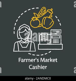 Farmers market cashier chalk icon. Woman near counter selling vegetables from personal garden. Farming, shopping in grocery. Seller, marketer. Isolate Stock Vector