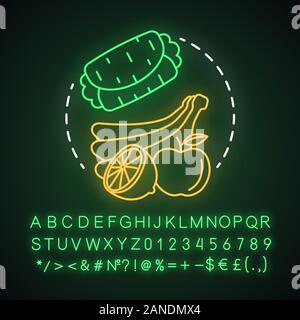 Vegan breakfast neon light concept icon. Healthy nutrition idea. Glowing sign with alphabet, numbers and symbols. Fresh apple, ripe bananas, lemon and Stock Vector