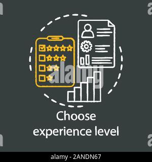 Choose experience level chalk icon. Five stars rating. Feedback, employee evaluation, cv, satisfaction level and critic. Levels of success. Job perfor Stock Vector