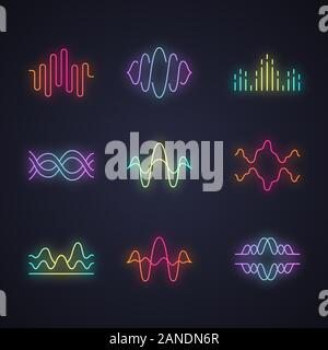 Sound and audio waves neon light icons set. Glowing signs. Voice recording, radio signal waveforms. Digital soundwaves. Melody amplitudes levels. Dj e Stock Vector
