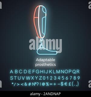 Adaptable prosthetics neon light icon. Body part replacing. Mechanical artificial limb. Bionic foot. Bioengineering. Glowing sign with alphabet, numbe Stock Vector