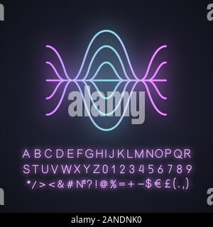 Voice recording neon light icon. Vibration, noise level, frequency curves. Audio volume, frequency. Music player logo. Glowing sign with alphabet, num Stock Vector