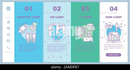 Startup, company, corporate camps onboarding mobile web pages vector template. Responsive smartphone website interface idea with linear illustrations. Stock Vector