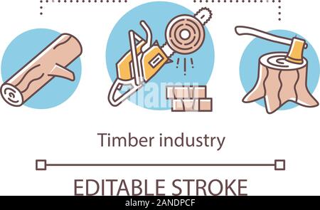 Timber industry concept icon. Logging. Forestry sector. Wood production. Firewood. Log, chainsaw, ax in stump idea thin line illustration. Vector isol Stock Vector