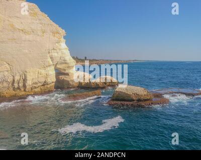 Grottoes opening from the Mediterranean Sea at Rosh Hanikra, western Galilee region, northern district of Israel.. Stock Photo