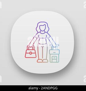 Immigrant woman app icon. Traveler, passenger with handbag and suitcase. Travelling abroad. Tourist trip. Immigration. UI/UX user interface. Web or mo Stock Vector