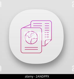 Immigration documents app icon. International passport. Identification document. Flight ticket. Travel and tourism. UI/UX user interface. Web or mobil Stock Vector