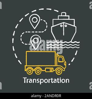 Transportation chalk concept icon. Shipping by sea and by land. Route, ship, truck. Logistics and distribution. Cargo delivery idea. Vector isolated c Stock Vector