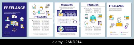 Freelance job brochure template layout. Remote working, home office. Flyer, booklet, leaflet print design with linear illustrations. Vector page layou Stock Vector