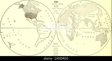 From 1800 to 1900The wonderful story of the century; its progress and achievements .. . SPAIN THE MAP OF THE WORLD IN 1800 Showing the possessions of the six great powers—Great Britain, Spain, France, Germany, Russia and the United States. Of theChinese Empire, Afrii a and Australia, little was known at the beginning of the century.. Showing the political have THE MAP OF THE WORLD IN 1900 boundaries of the six great powers at the clos- of the century. Africa, Australia and portions &lt;&lt;i &lt;been absorbed by one or more of the great powers, Spain has withdrawn from the WesternHemisphere, a Stock Photo