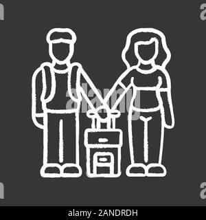 Family class immigrants chalk icon. Couple travel abroad with suitcase. Family trip, vacation, tourism. Honeymoon trip. Tourists, travelers, passenger Stock Vector