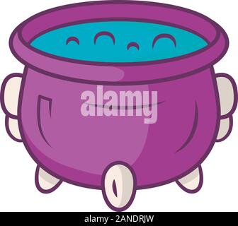 Witch cauldron violet color icon. Brew potion. Wicked witchcraft & sorcery. Witch soup. Iron pot, boiler with boiling magical poison, liquid. Hallowee Stock Vector