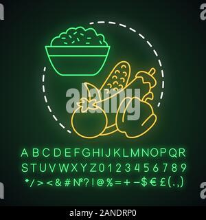 Vegan lunch neon light concept icon. Healthy nutrition, vegetarian lifestyle idea. Glowing sign with alphabet, numbers and symbols. Porridge with raw Stock Vector