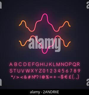 Abstract fluid waveforms neon light icon. Music rhythm, digital soundwave, frequency curves. Asymmetrical wavy lines. Glowing sign with alphabet, numb Stock Vector