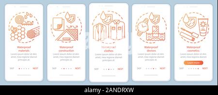 Waterproof produce onboarding mobile app page screen with linear concepts. Moisture resistant material, cosmetics walkthrough steps graphic instructio Stock Vector