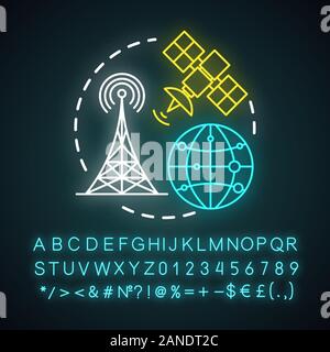 Telecommunication neon light concept icon. Overall network. Satellite connection. Global communication system idea. Glowing sign with alphabet, number Stock Vector