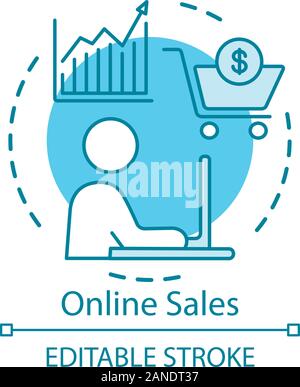 Online sales concept icon. Digital marketing idea thin line illustration. Shopping, trading. Merchandise, ecommerce, store service. Salesman, marketer Stock Vector