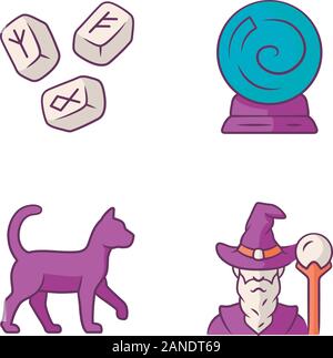 Magic  color icons set. Runestones, fortune telling crystal ball, witch cat, wizard. Witchcraft and sorcery halloween symbols. Isolated vector illustr Stock Vector