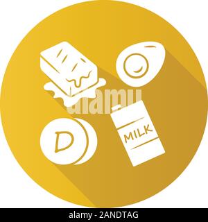 Vitamin D yellow flat design long shadow glyph icon. Butter, egg and milk. Healthy eating. Cholecalciferol natural food source. Dairy products. Proper Stock Vector