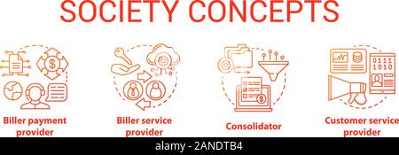 Billing concept icons set. Society idea thin line illustrations. Consolidator and customer service. E-commerce. Biller payment and service provider. V Stock Vector