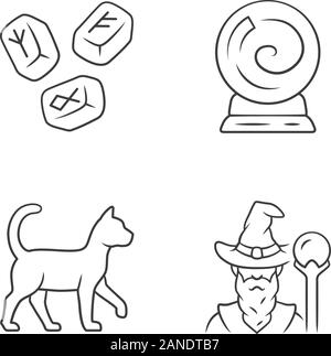 Magic linear icons set. Runestones, fortune telling crystal ball, witch cat, wizard. Witchcraft and sorcery halloween symbols. Thin line contour symbo Stock Vector