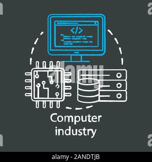 Computer industry chalk concept icon. Hardware, software development. Programming. Data server, CPU. Information technology idea. Vector isolated chal Stock Vector