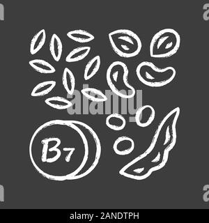 Vitamin B7 chalk icon. Almonds and peanuts. Nuts and peas. Healthy eating. Biotin natural source. Proper nutrition. Vitamin H. Minerals, antioxidants. Stock Vector