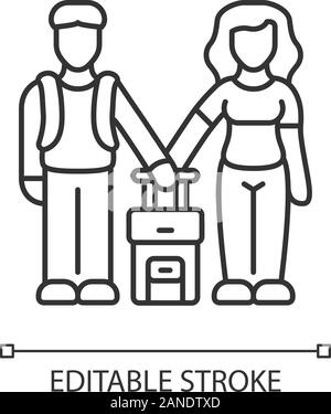 Family class immigrants linear icon. Couple travel abroad with suitcase. Family trip, tourism. Honeymoon trip. Thin line illustration. Contour symbol. Stock Vector