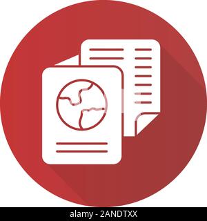 Immigration documents red flat design long shadow glyph icon. International passport. Identification document. Flight ticket. Passenger personal infor Stock Vector