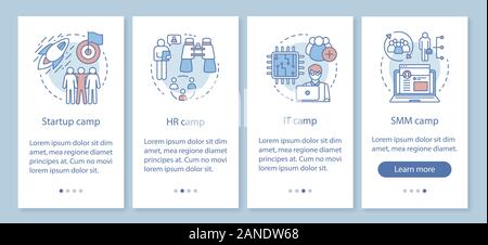 Startup, company camps onboarding mobile app page screen with linear concepts. Team building, HR training walkthrough steps graphic instructions. UX, Stock Vector