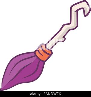 Witch broomstick purple color icon. Magical broom stick for hag, sorceress. Halloween magic item. Flying wooden broom, besom. Witchcraft & sorcery too Stock Vector