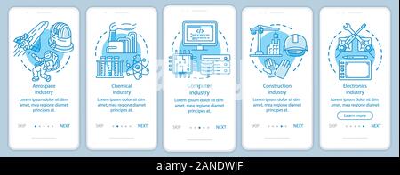 Secondary sector of economy onboarding mobile app page screen with linear concepts. Advanced industry. Five walkthrough steps graphic instructions. UX Stock Vector