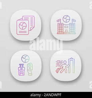 Immigration app icons set. Embassy and consulate building. Travel documents. Refugee, immigrant. Travelling abroad. UI/UX user interface. Web or mobil Stock Vector