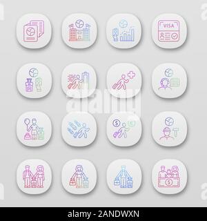 Immigration app icons set. Travel abroad. Trip planning, holiday vacation organization. Refugee help. Travel equipment. UI/UX user interface. Web or m Stock Vector