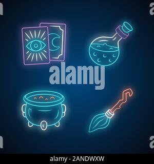 Magic neon light icons set. Tarot cards, potion, witch cauldron and broomstick. Witchcraft and sorcery Halloween items. Glowing signs. Vector isolated Stock Vector