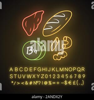 Vitamin B9 neon light icon. Bread, liver and pasta. Meat and flour products. Healthy eating. Folic acid natural food source. Glowing sign with alphabe Stock Vector