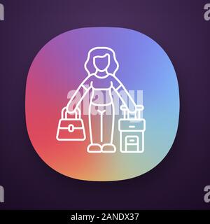 Immigrant woman app icon. Traveler, holidaymaker, passenger with handbag and suitcase. Travelling abroad. Tourist trip. UI/UX user interface. Web or m Stock Vector