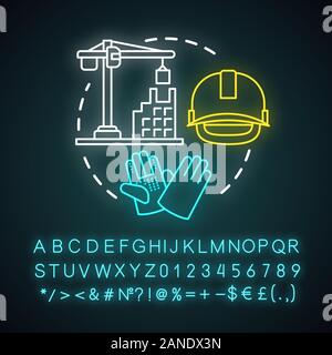 Construction industry neon light concept icon. Crane, house, hard hat, work gloves. Real estate engineering idea. Glowing sign with alphabet, numbers Stock Vector