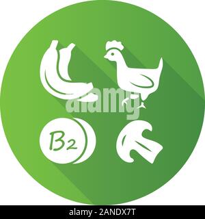 Vitamin B2 green flat design long shadow glyph icon. Bananas, poultry and mushroom. Riboflavin natural food source. Proper nutrition. Fruits, meat pro Stock Vector