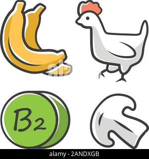 Vitamin B2 color icon. Bananas, poultry and mushroom. Healthy eating. Riboflavin natural food source. Proper nutrition. Fruits, meat products. Mineral Stock Vector