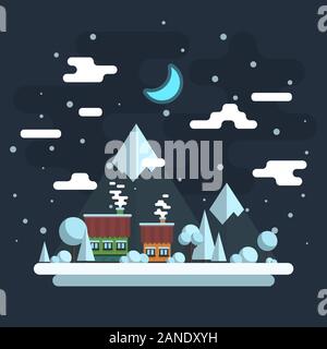 Winter night landscape. Houses on a background of mountains. Vector flat illustration. Stock Vector
