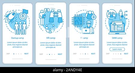 Startup, company camps onboarding mobile app page screen with linear concepts. Team building, HR training walkthrough steps graphic instructions. UX, Stock Vector