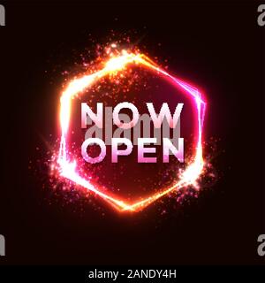 Now Open neon sign on dark red background. Light glowing tube hexagon shape sign with star particles. Design template, bright banner, night bar advert Stock Vector