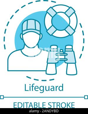 Lifeguard concept icon. Professional rescuer idea thin line illustration. Summer part time job. Lifeguard equipment, ring buoy, binoculars. Vector iso Stock Vector