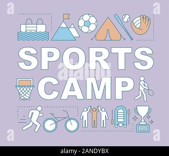 Sports camp word concepts banner. Active leisure pastime. Outdoor activities and sports. Presentation, website. Isolated lettering typography idea wit Stock Vector