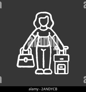 Immigrant woman chalk icon. Traveler, holidaymaker, passenger with handbag and suitcase. Travelling abroad. Tourist trip. Immigration. Holiday, touris Stock Vector