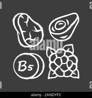 Vitamin B5 chalk icon. Meat, avocado and cauliflower. Healthy eating. Pantothenic acid natural food source. Proper nutrition. Minerals, antioxidants. Stock Vector